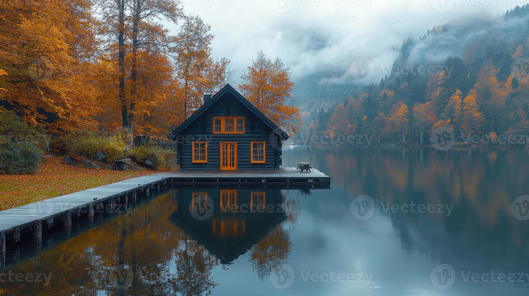 A cabin sits on a lake in the colorful autumn season photo