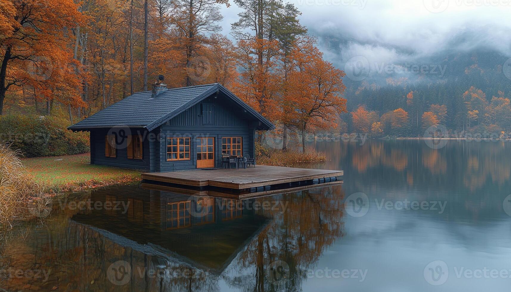 A cozy cabin situated at the edge of a peaceful lake photo