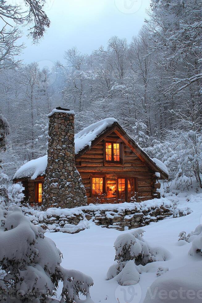 A cozy snow covered wooden cabin with illuminated windows and a chimney photo