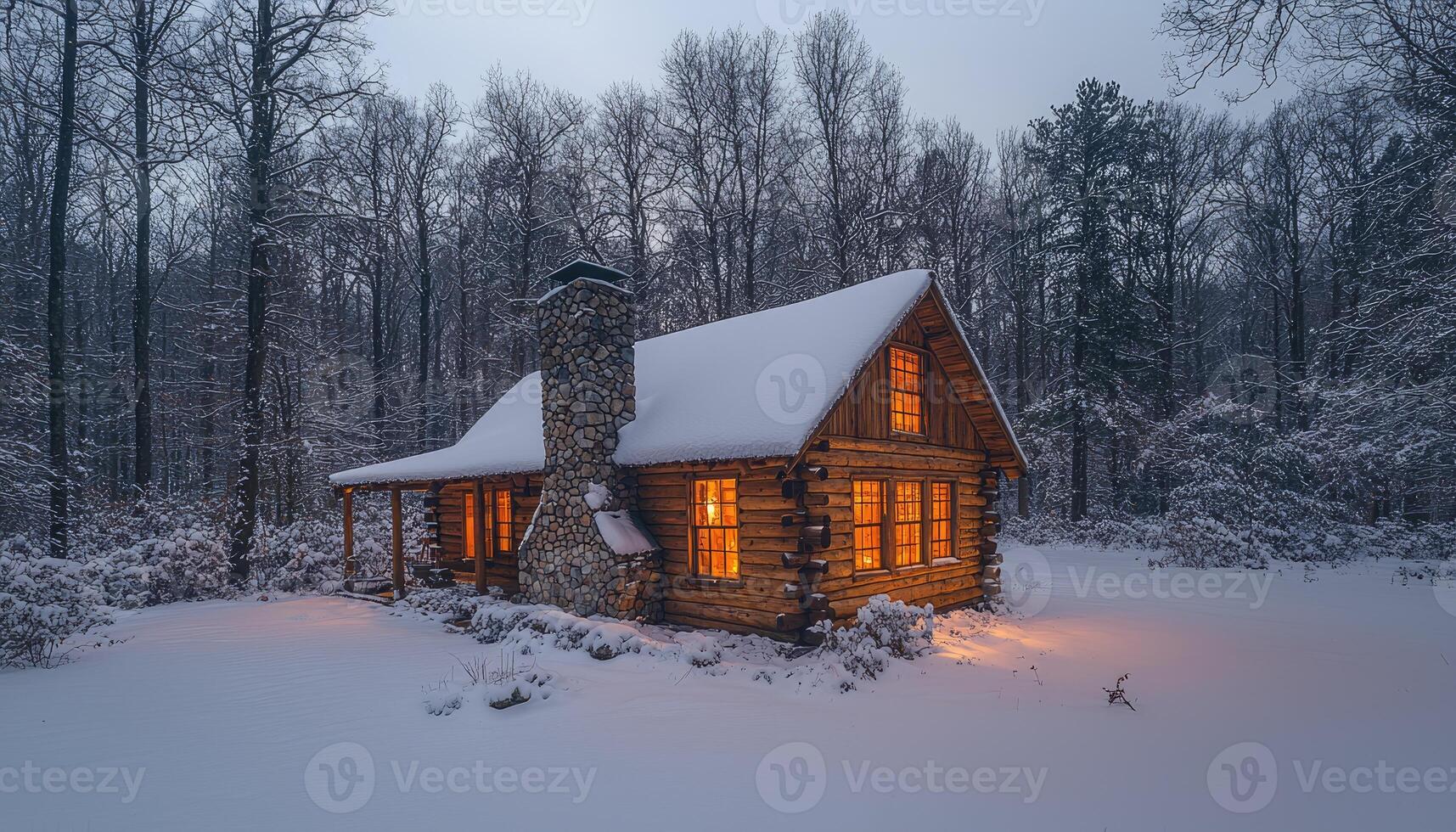 A cozy cabin in a snow covered forest at dusk or dawn photo