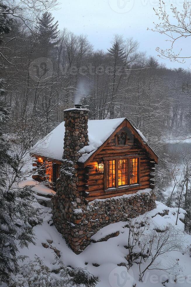 A Cozy Wooden Cabin Amongst Snowy Trees In A Winter Scene photo