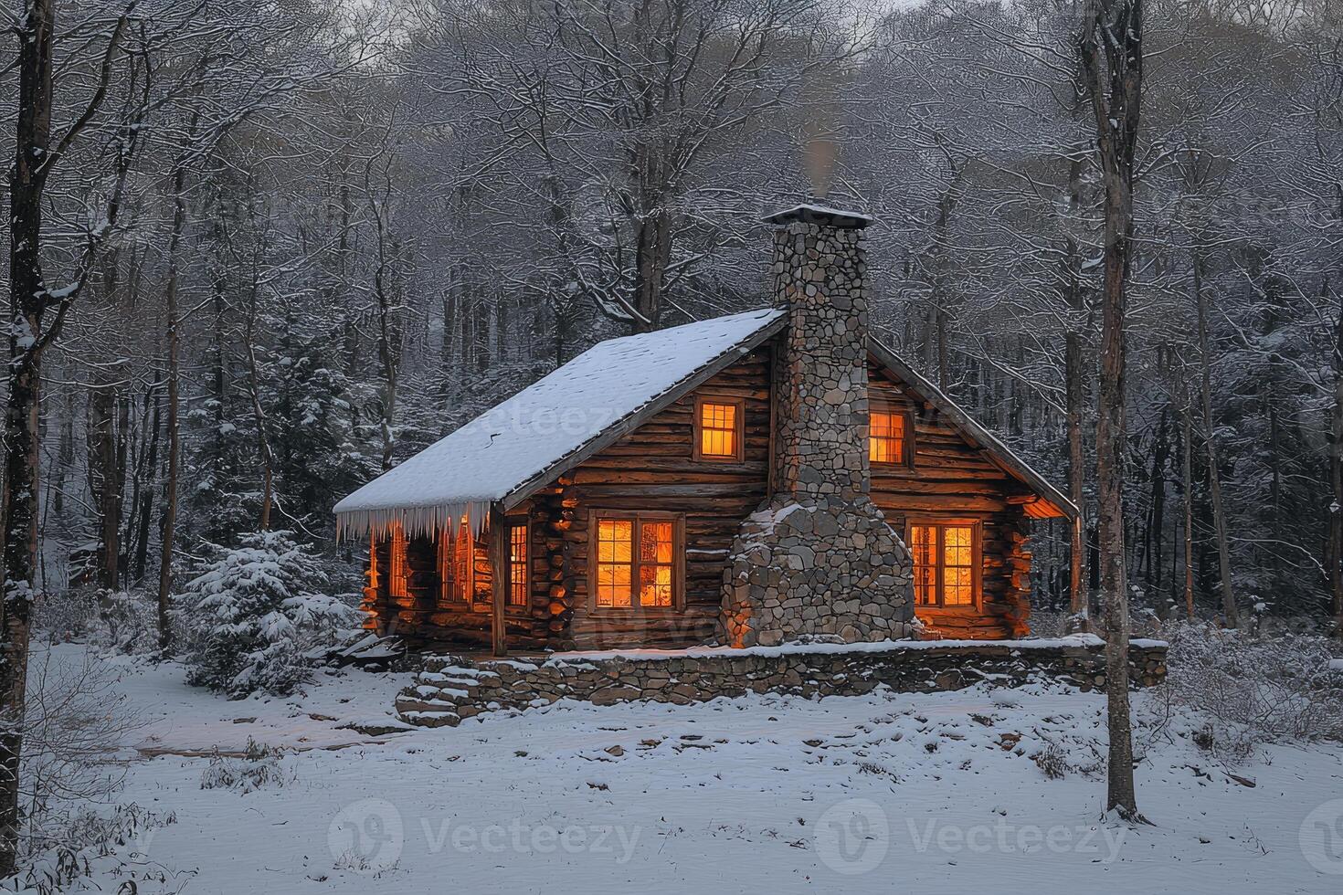 A cozy log cabin nestled in a snowy winter forest scene photo