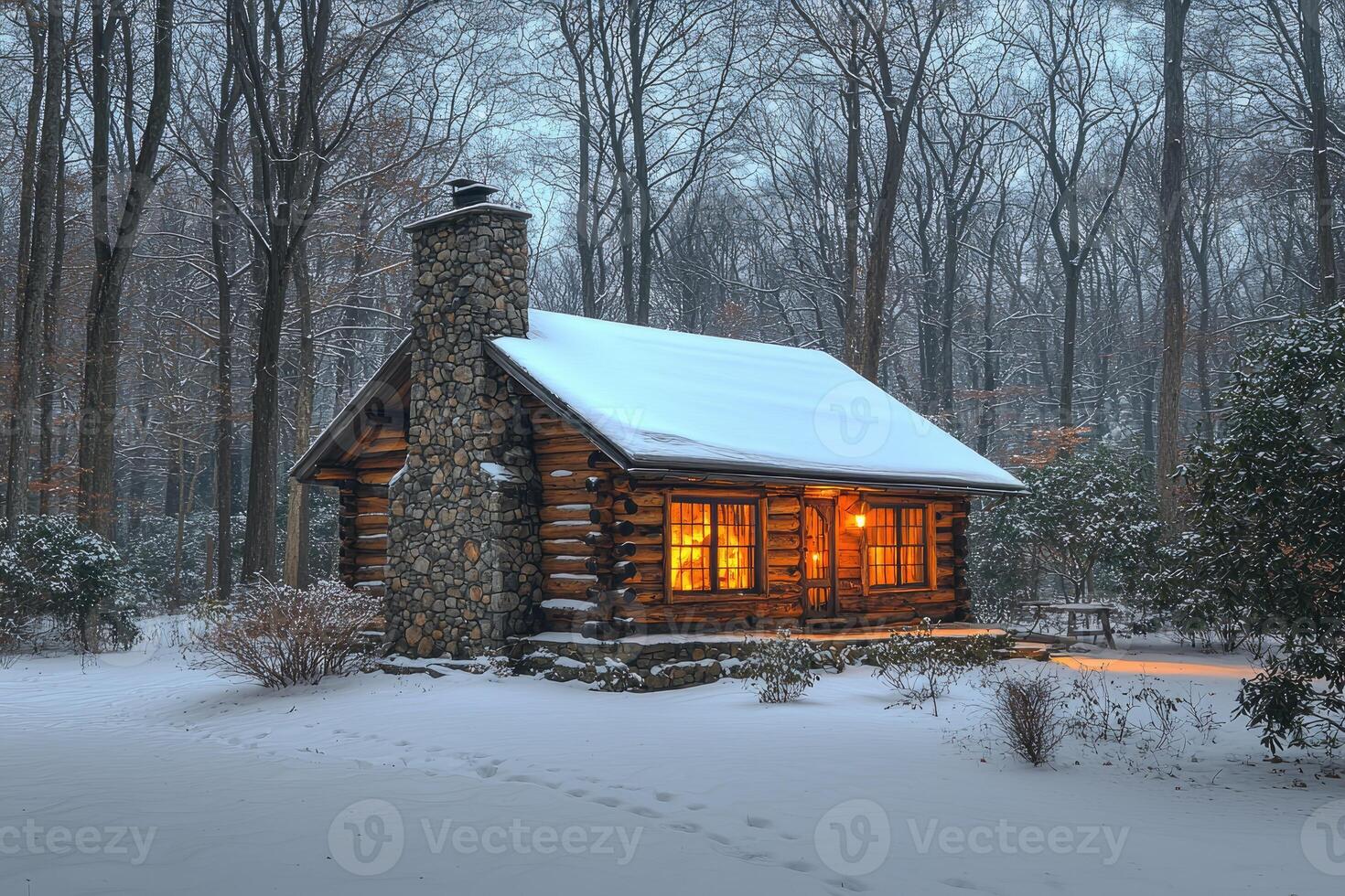 Cozy cabin nestled in a snowy forest during the winter season photo