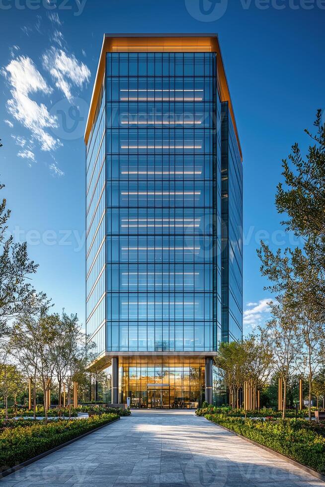 A tall modern glass skyscraper sits under a bright blue sky photo