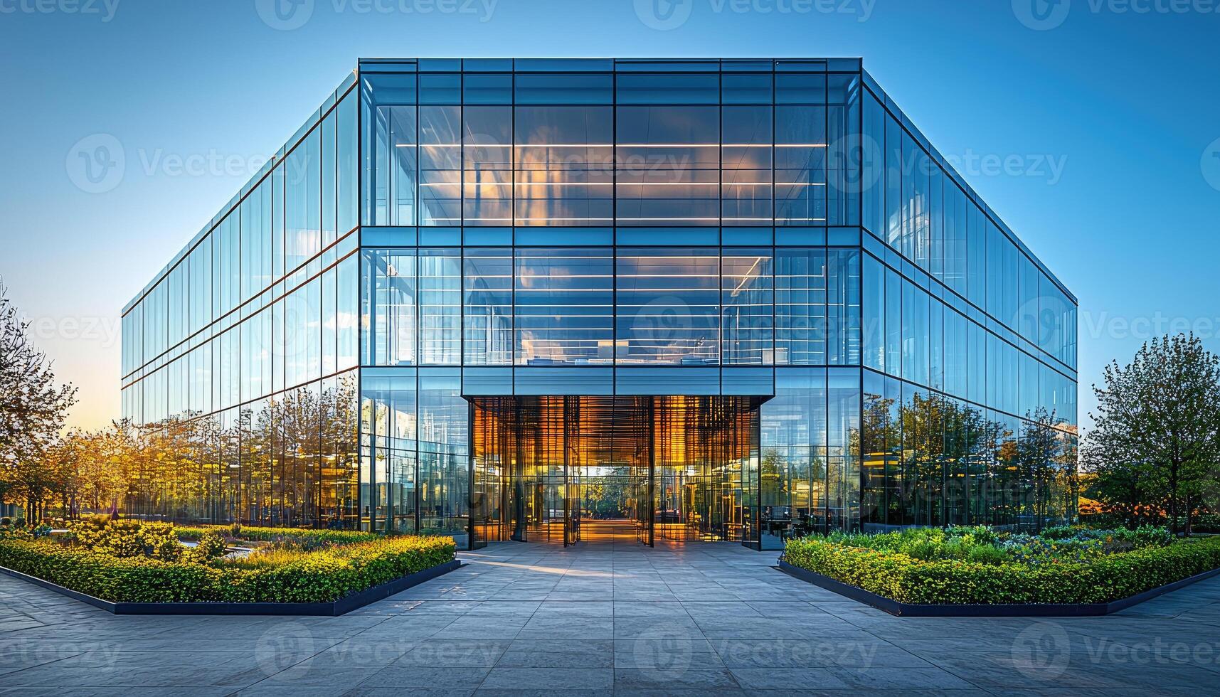 Modern architectural office building with many glass windows reflecting the sky photo