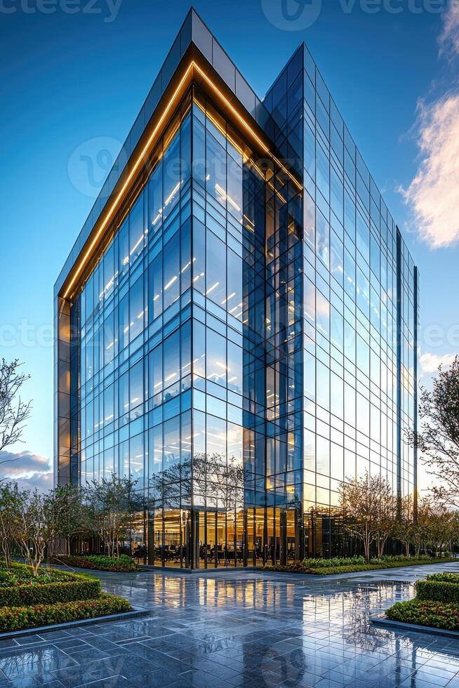 A modern glass building reflecting the beautiful sky and landscape photo