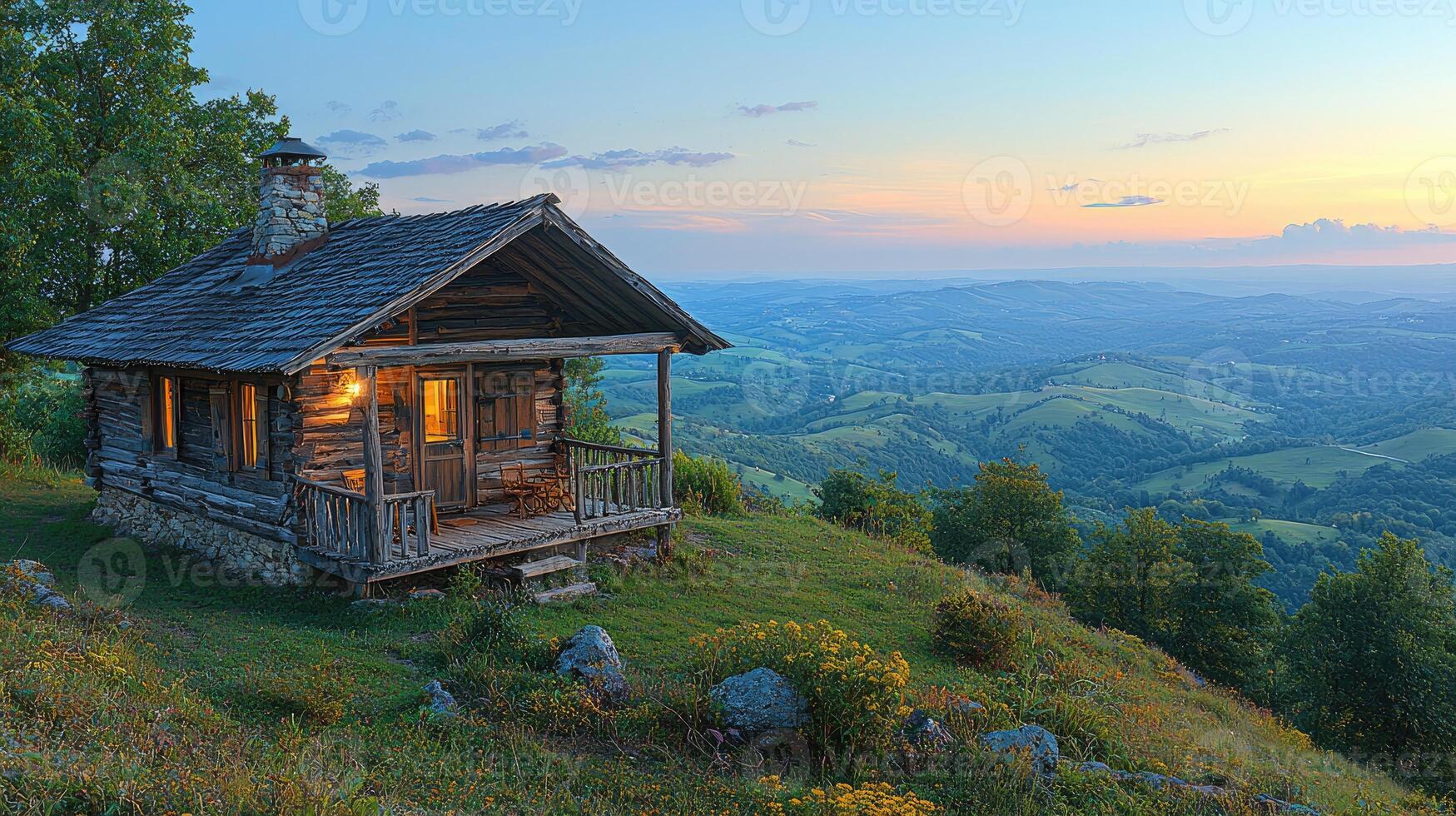 A rustic log cabin sits overlooking beautiful rolling hills photo
