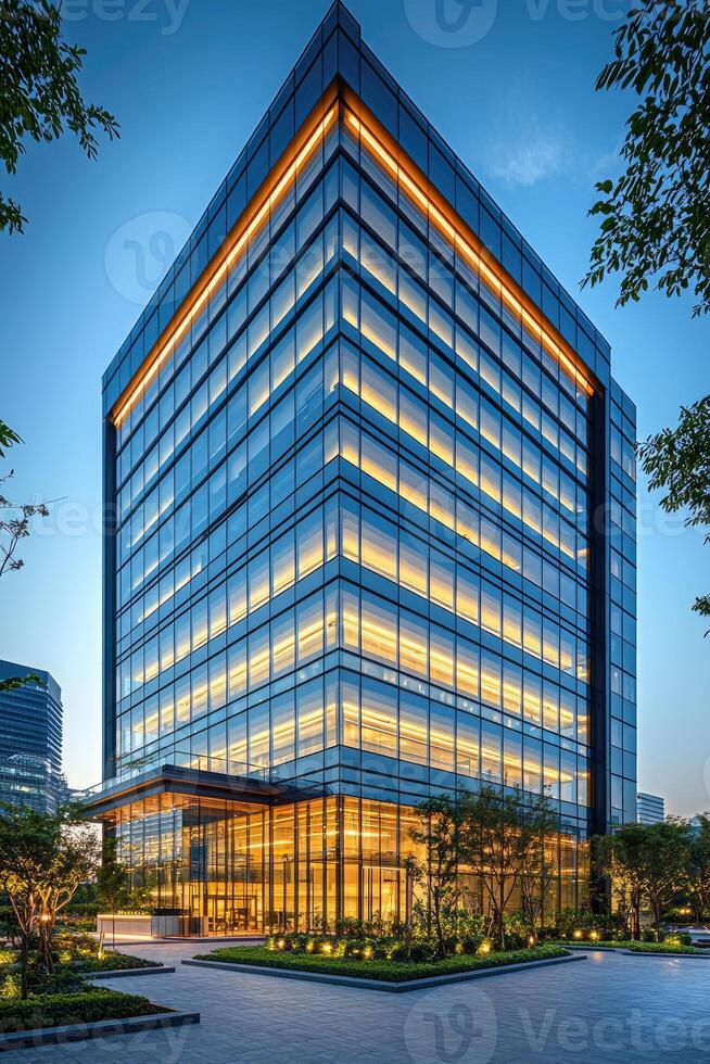 A modern glass skyscraper reflecting illuminated office lights at dusk photo
