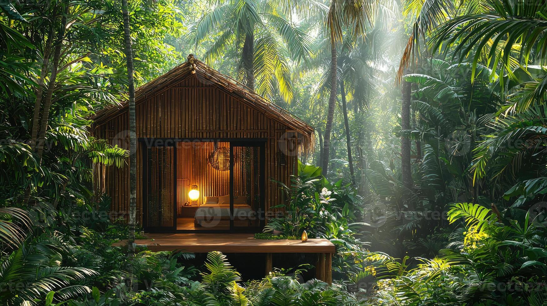 A beautiful tropical hut sits nestled in the dense green jungle photo