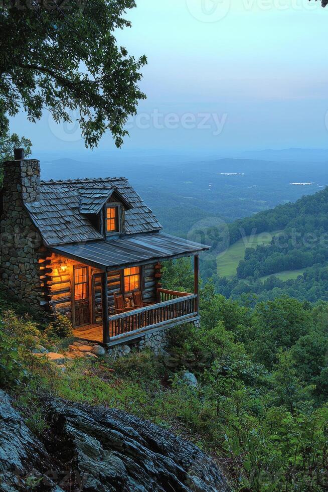 A quaint illuminated mountain cabin overlooking serene green valleys photo