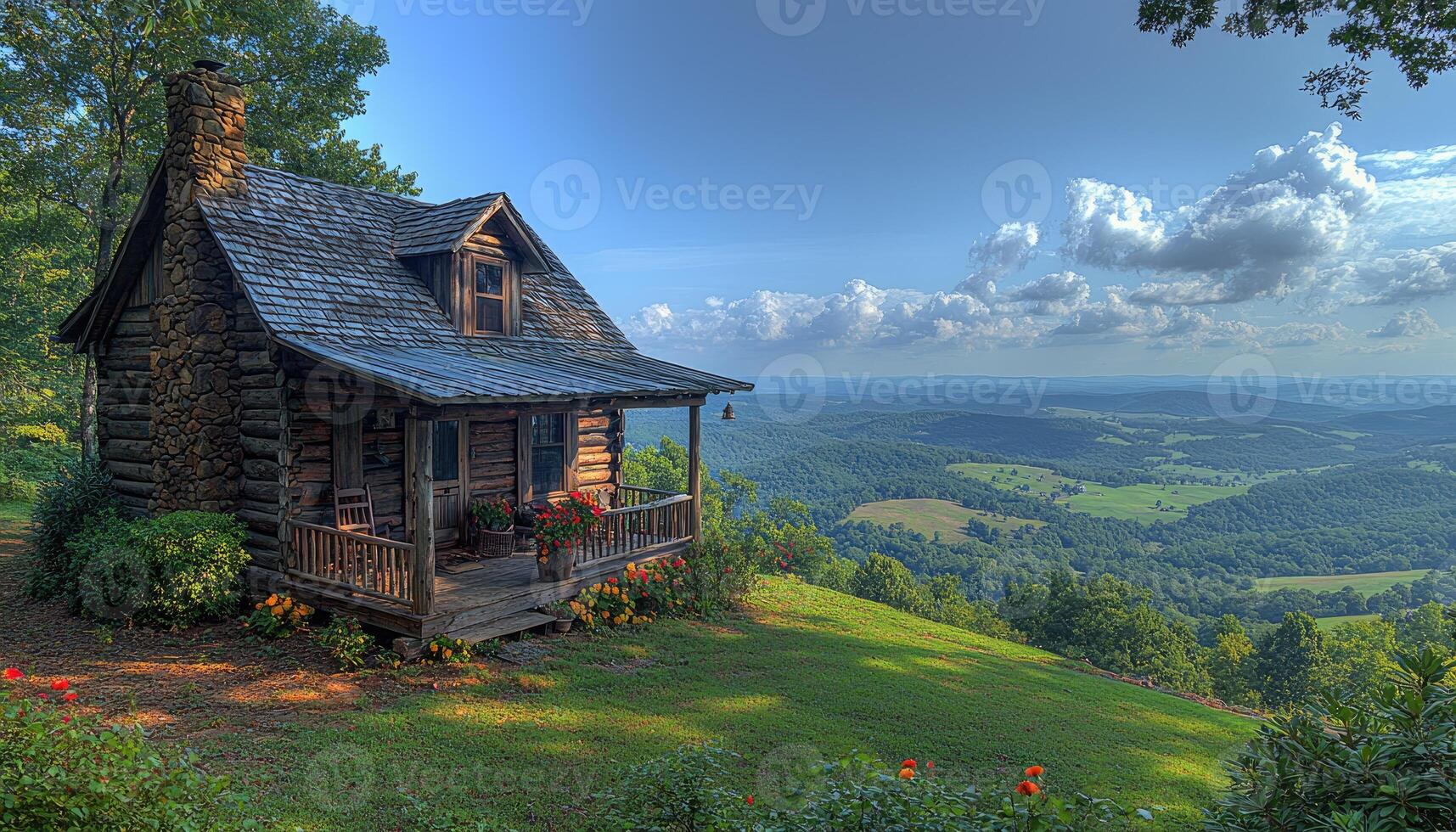 A beautiful log cabin sits peacefully on a green hillside photo