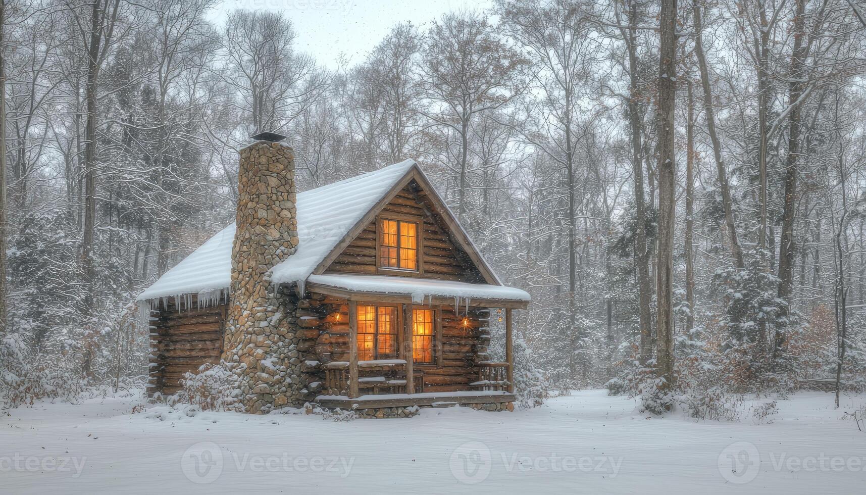Cozy wooden cabin nestled in the snowy forest during wintertime photo
