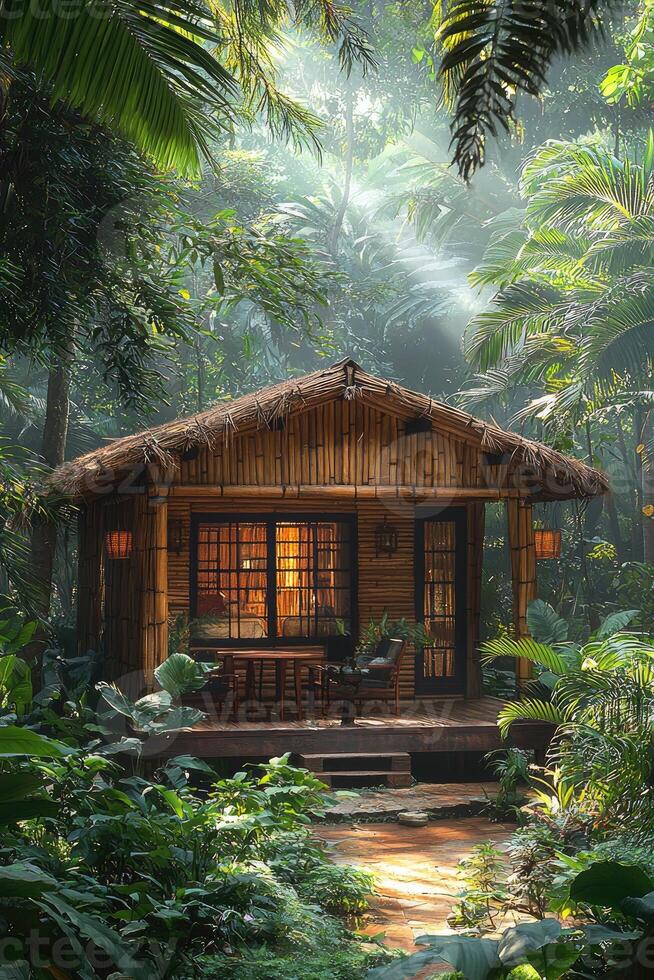 A small bamboo cabin nestled peacefully deep inside a jungle photo