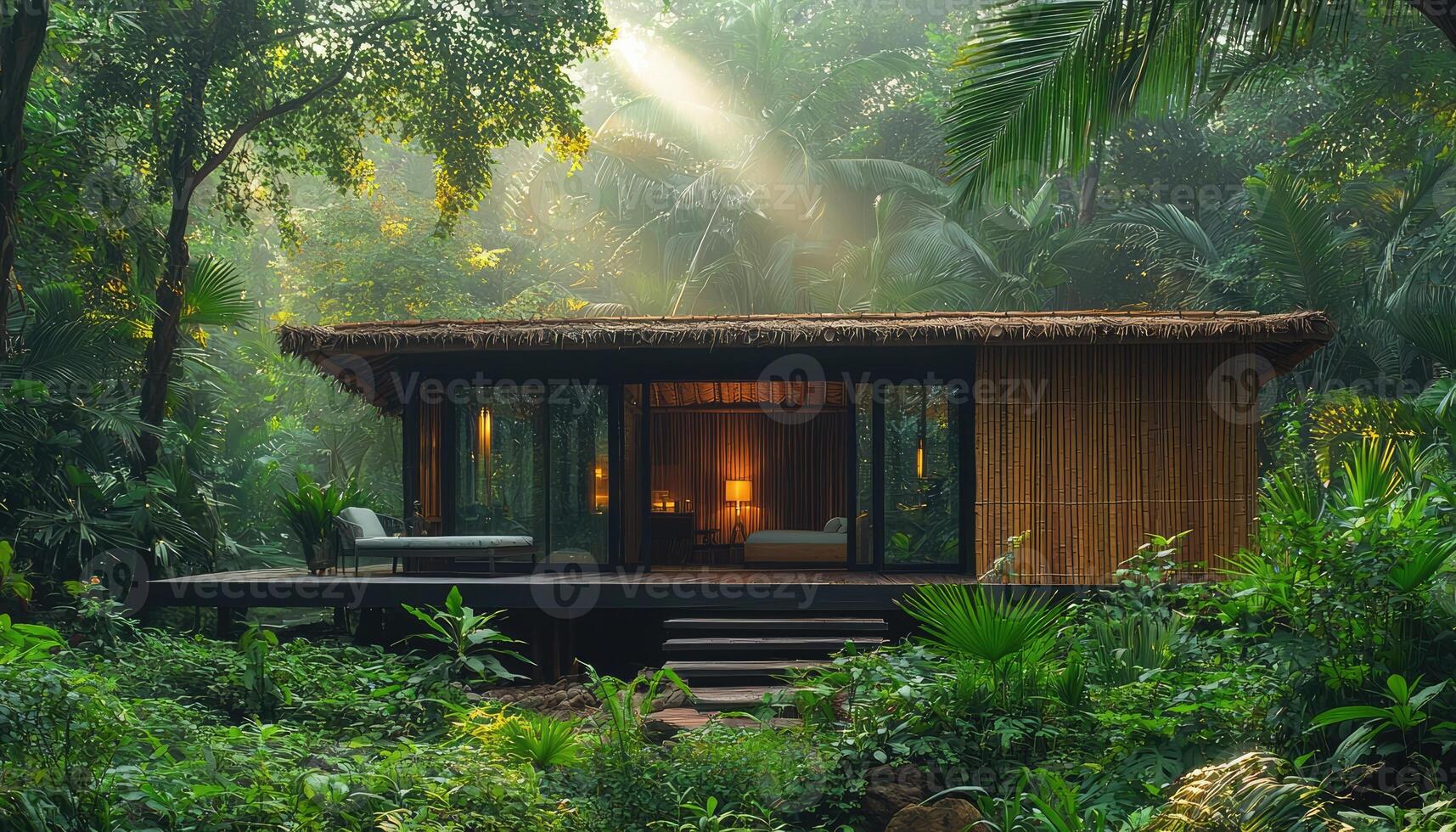 Luxurious bungalow nestled within lush tropical environment and sunlight photo