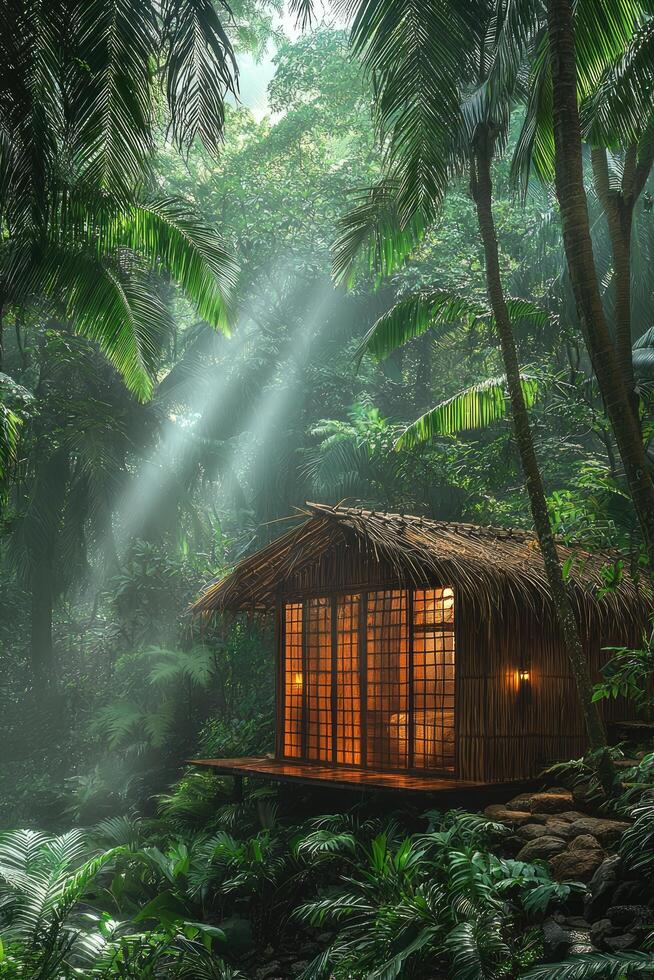 A cozy tropical hut nestled in a lush and verdant jungle setting photo
