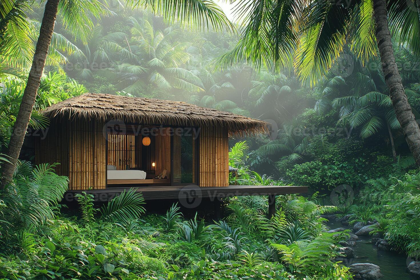 Tranquil bamboo cabin nestled within a lush tropical green jungle photo