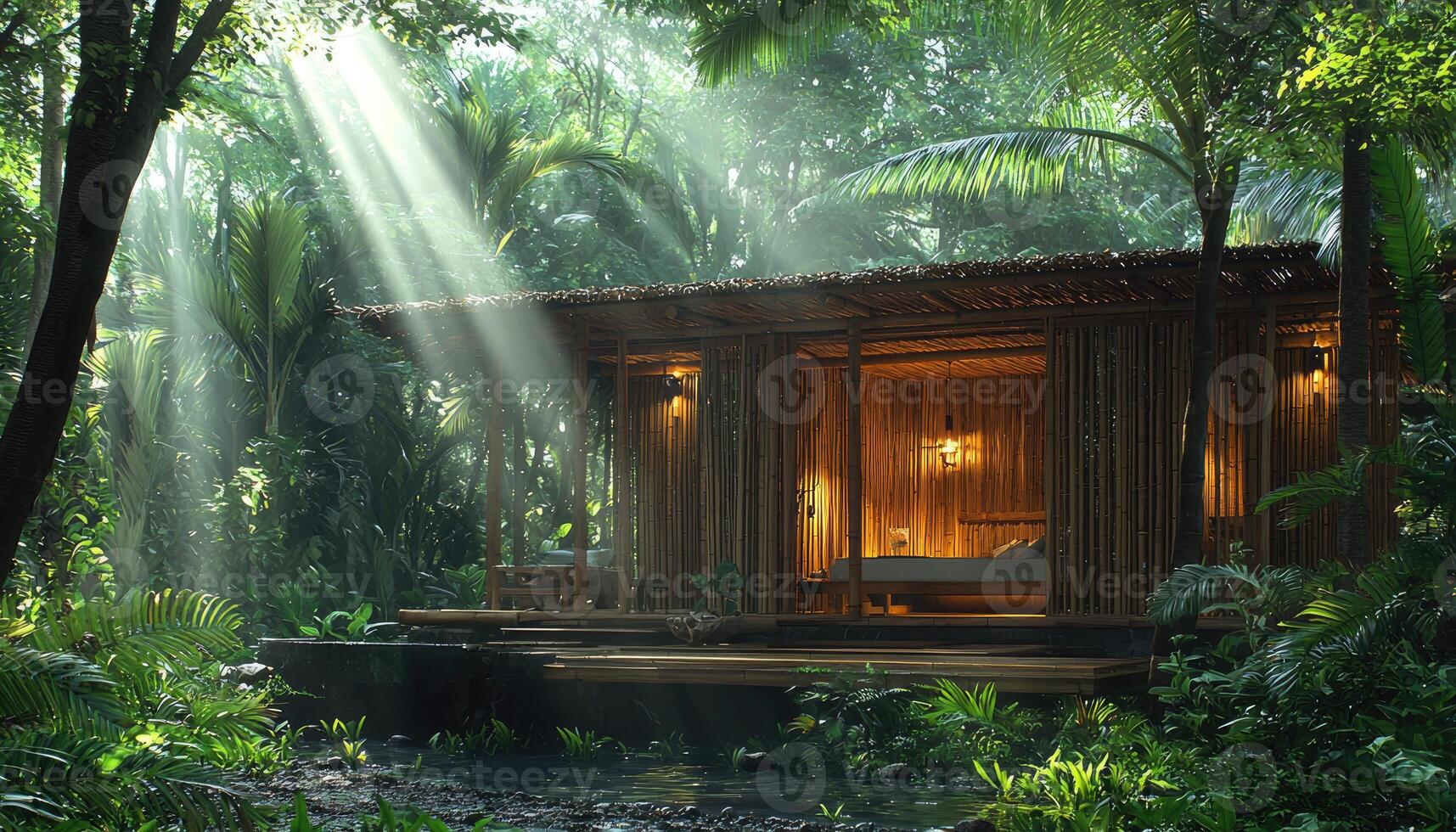 A tropical bungalow nestled in a lush green rainforest setting photo