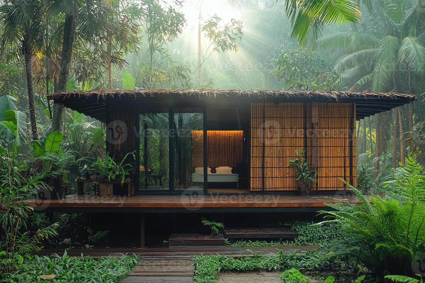 A small cabin nestled within a lush and verdant jungle setting photo
