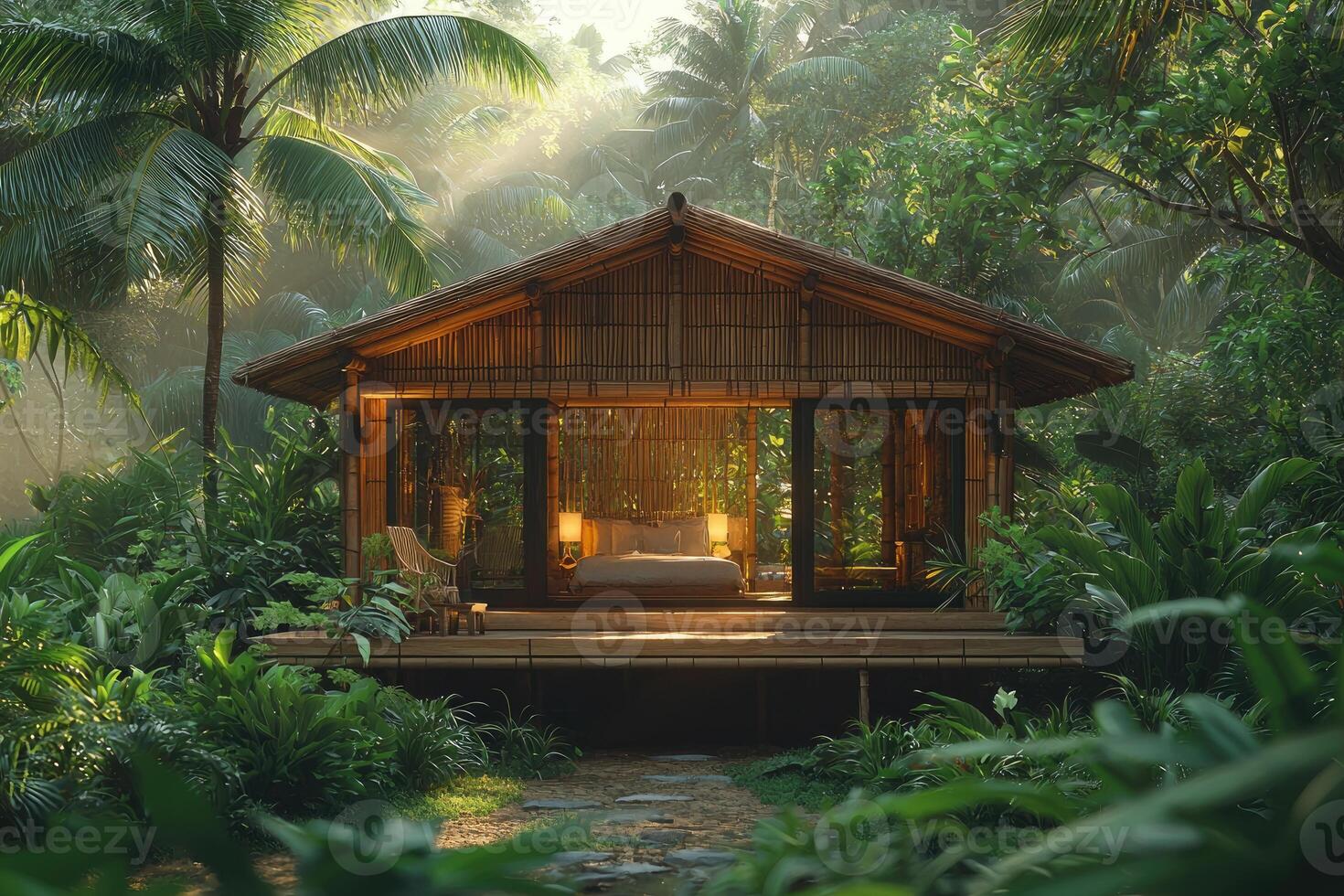 A cozy bamboo hut nestled within a lush tropical jungle setting photo