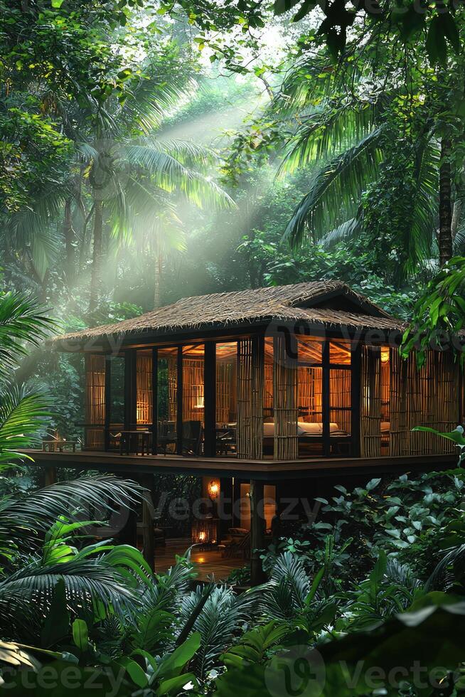 A beautiful dwelling nestled into the tropical jungle canopy photo