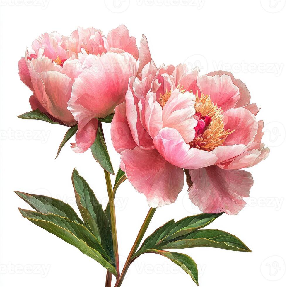 Two Beautiful Pink Flowers With Green Leaves on a White Background photo
