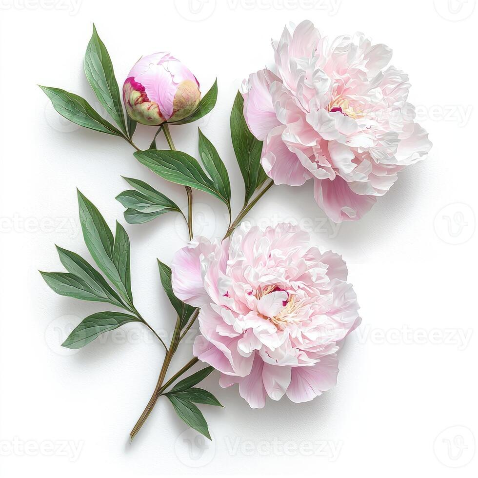 Delicate pink peonies with green leaves displayed on a white surface photo