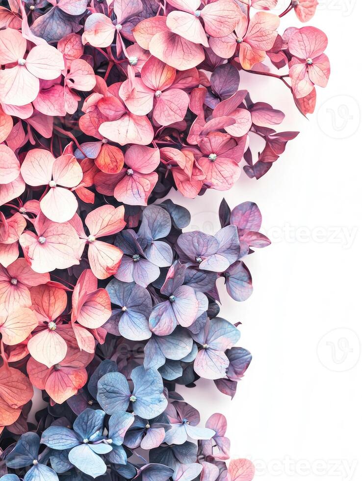 Colorful hydrangea blossoms in shades of pink and purple on display photo
