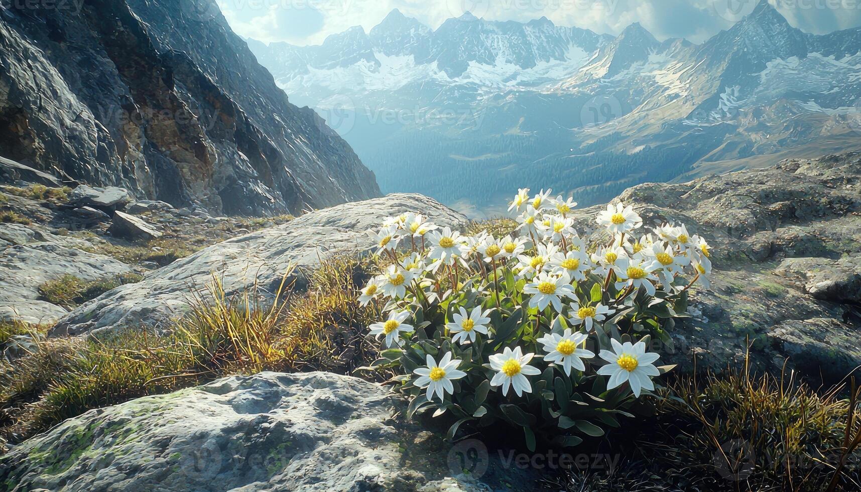 White flowers bloom brightly against the backdrop of distant mountains photo