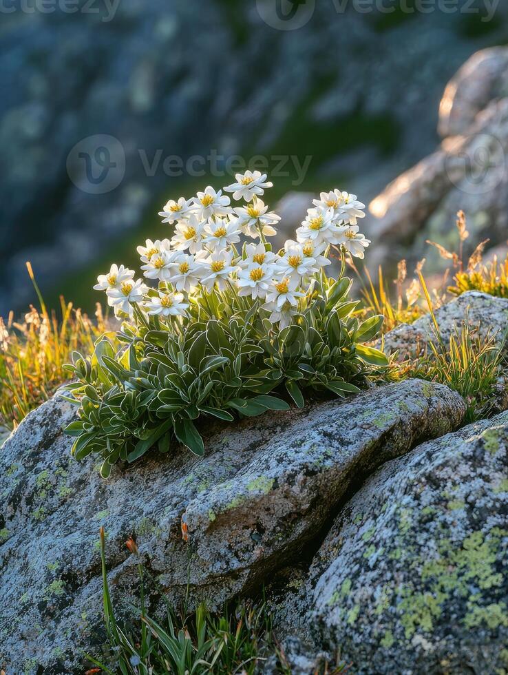 A beautiful cluster of white flowers growing on a stone surface photo