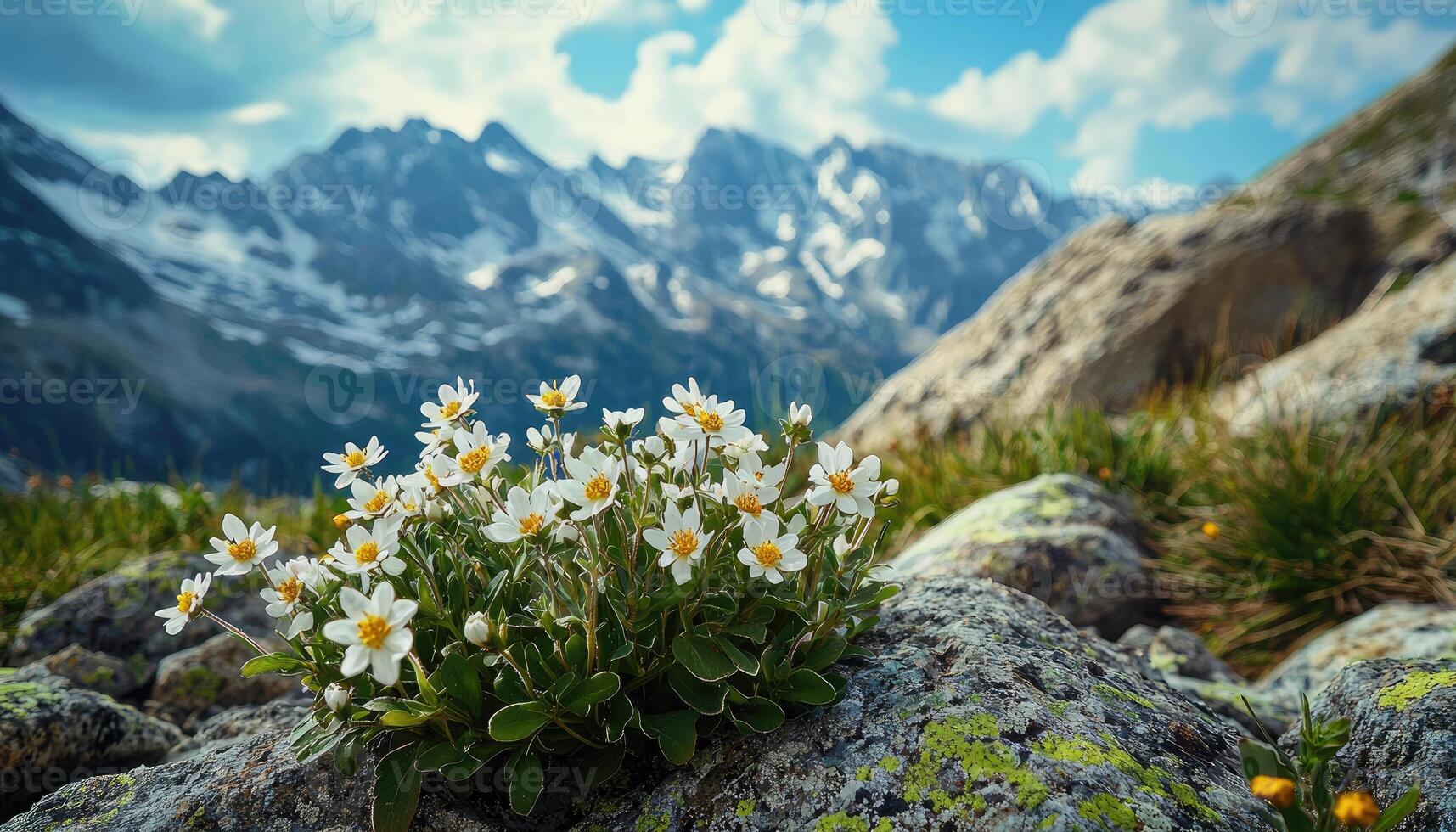 A cluster of white flowers sits on a rocky hillside landscape photo