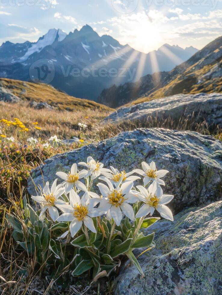 White mountain flowers bloom with a stunning mountain background view photo