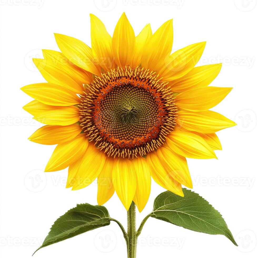 A single vibrant yellow sunflower blooms brightly against a white background photo