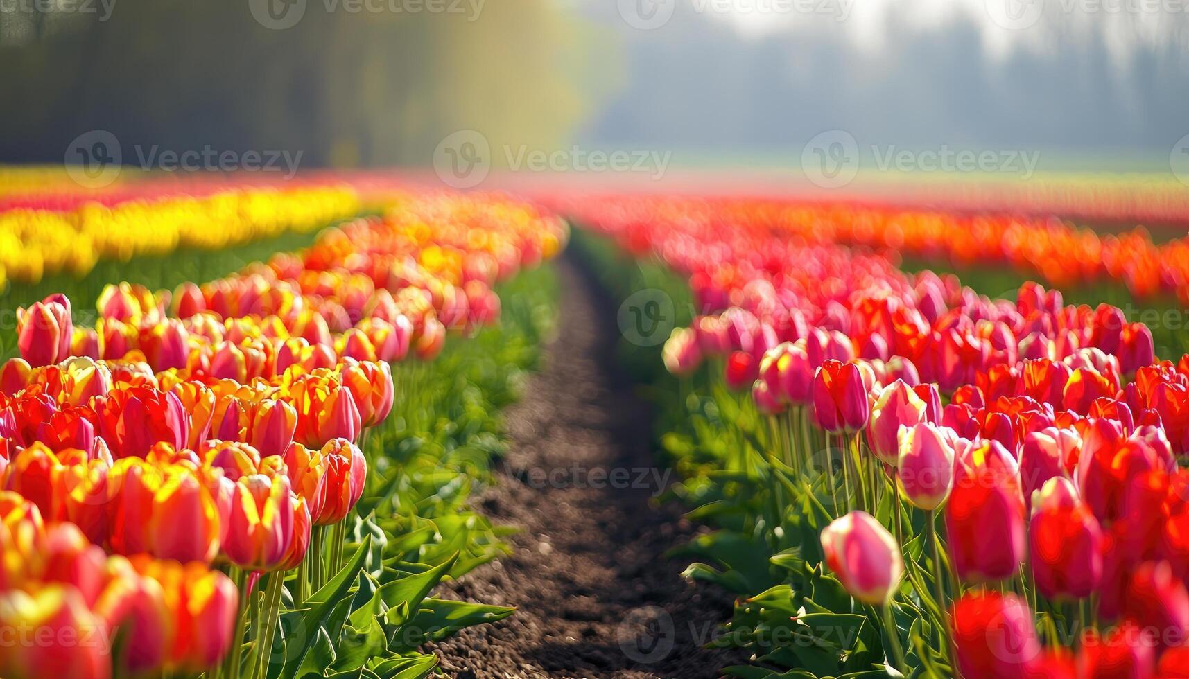 A field filled with colorful tulips in the spring sunshine photo