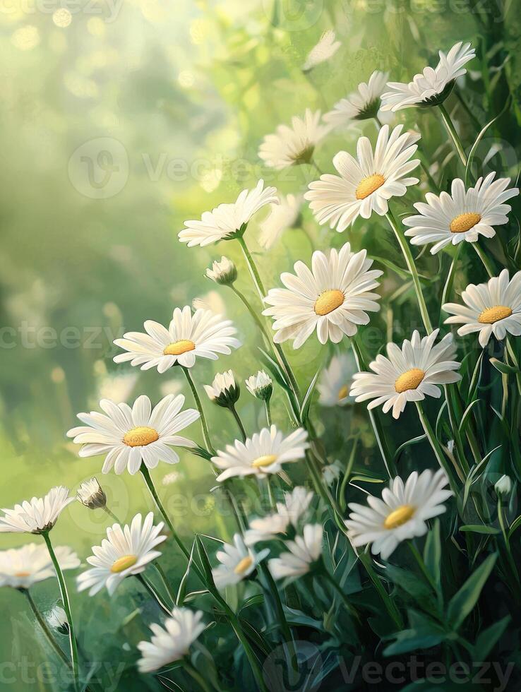 Many white daisies are growing in a lush and green garden photo