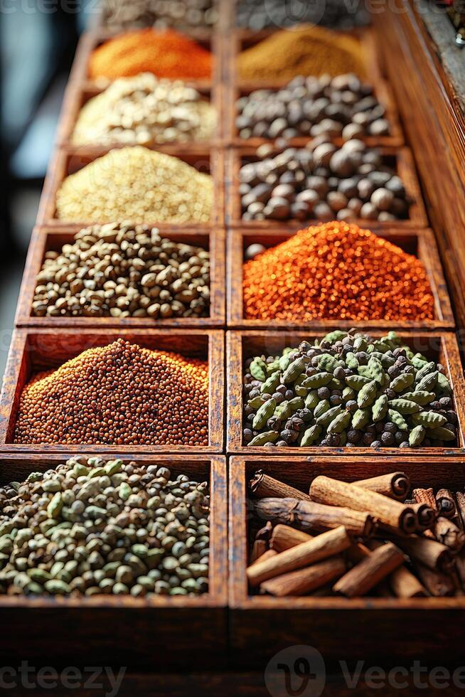 Assortment of aromatic spices displayed in small wooden boxes photo