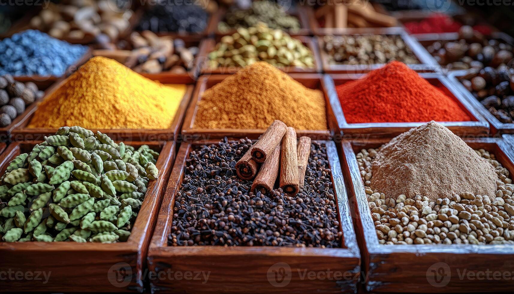 Spices Displayed In Wooden Boxes Creating A Colorful Arrangement photo