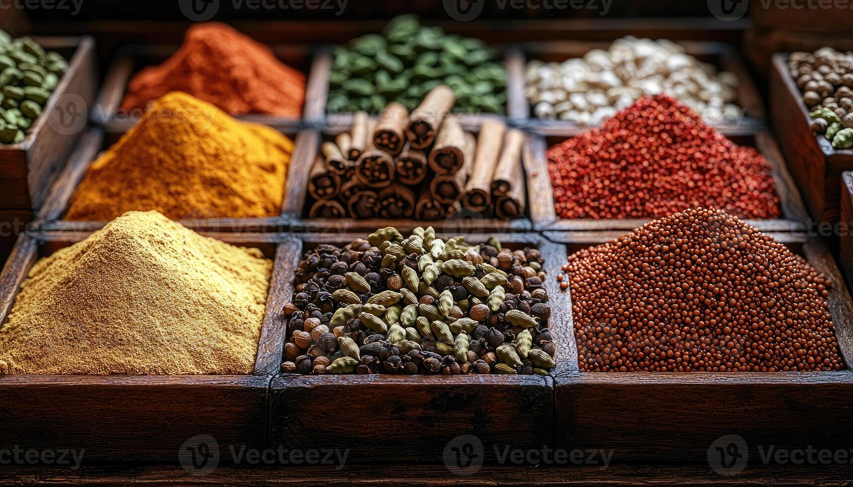 An assortment of colorful spices in a series of wooden boxes photo