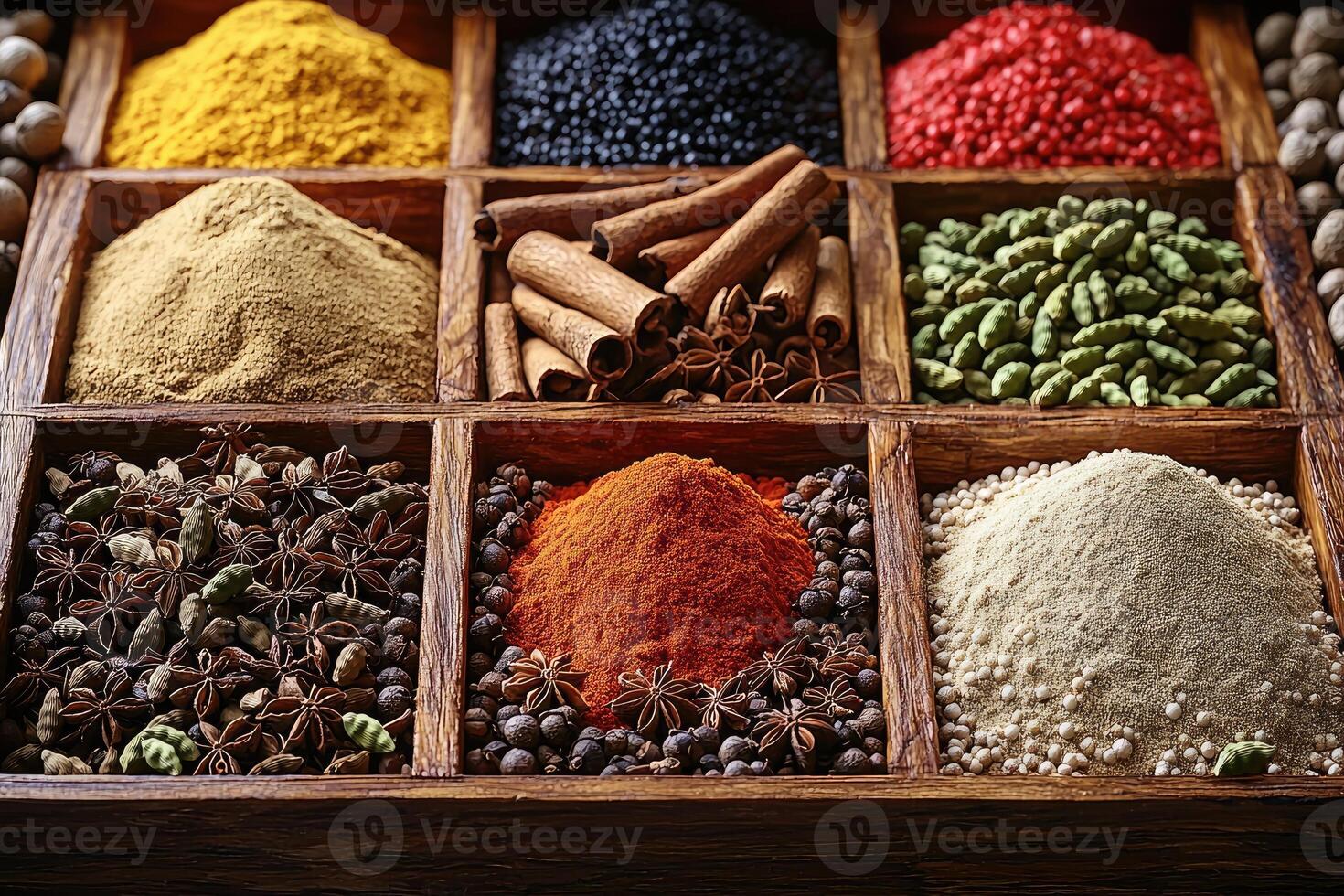 A wooden spice tray containing a colorful assortment of various spices photo