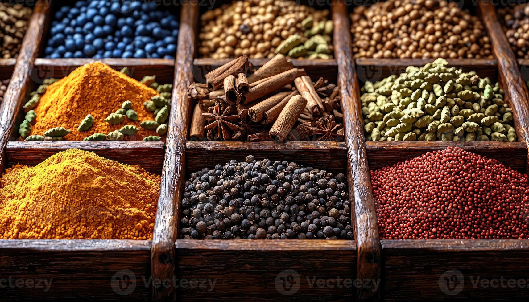 A wooden box with different colorful spices on display photo