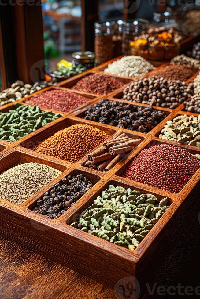 An assortment of various spices displayed in small wooden compartments photo