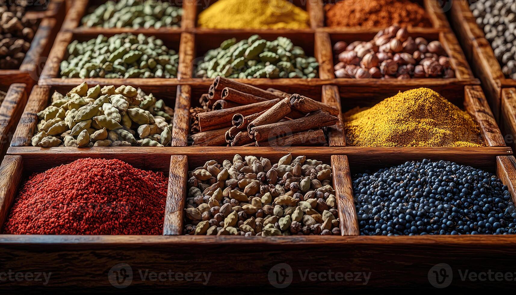 A close up of different colorful spices in wooden compartments photo