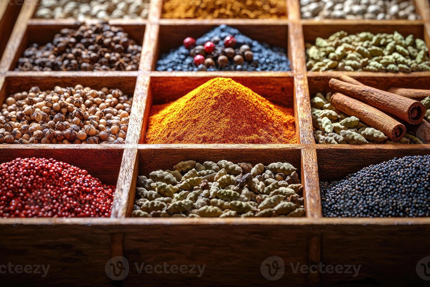 Various Spices Displayed Neatly in Individual Wooden Compartments photo