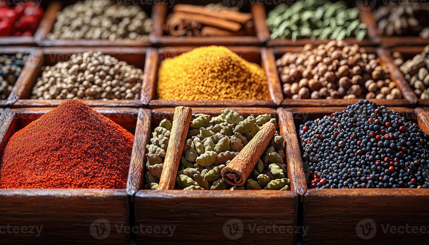 A wooden spice rack contains various types of flavorful seasonings photo