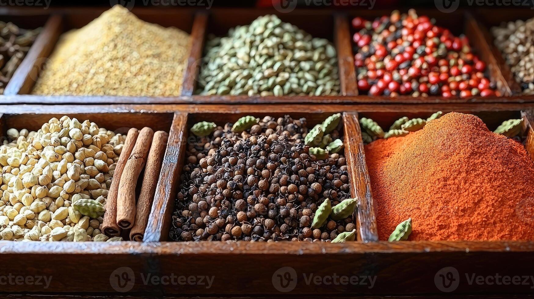 A wooden tray displays assorted colorful spices in various compartments photo