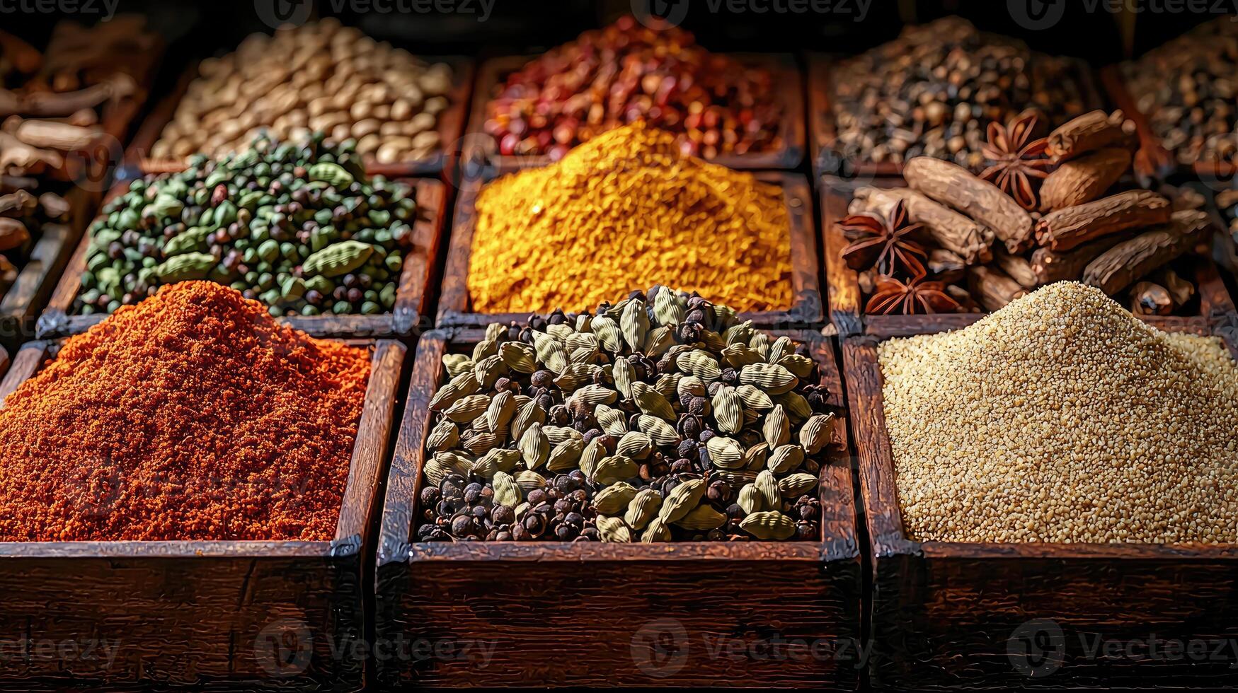 Various spices and herbs displayed in wooden boxes for sale photo