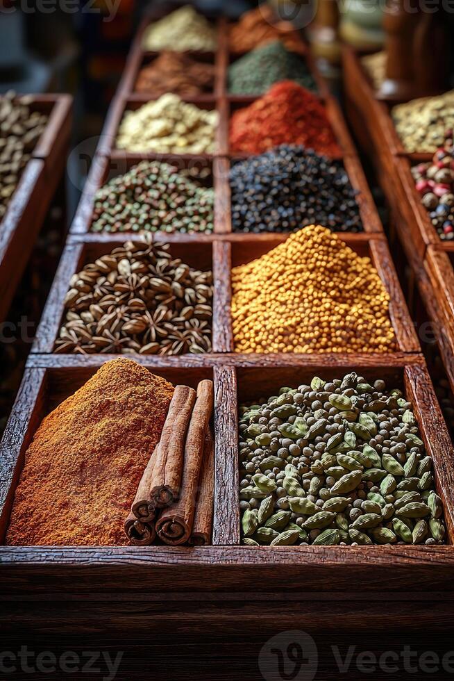 Various Colorful Spices Are Displayed Neatly In Wooden Compartments photo