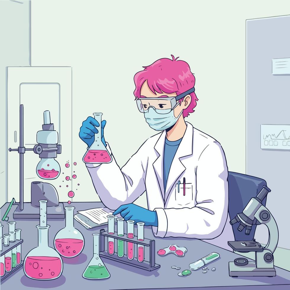 Cartoon scientist conducting experiment with colorful liquids and lab equipment illustration vector