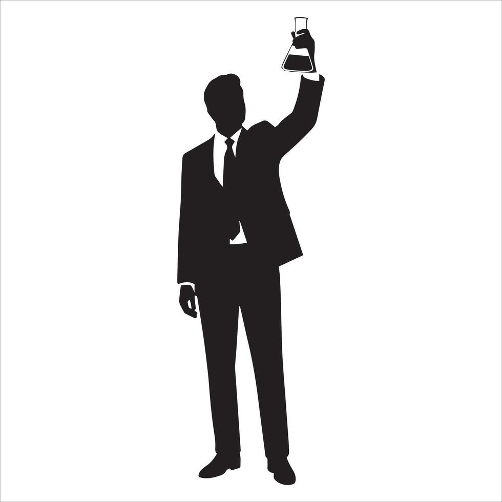 Silhouette of businessman holding erlenmeyer flask upward symbolizing innovation and success in science vector