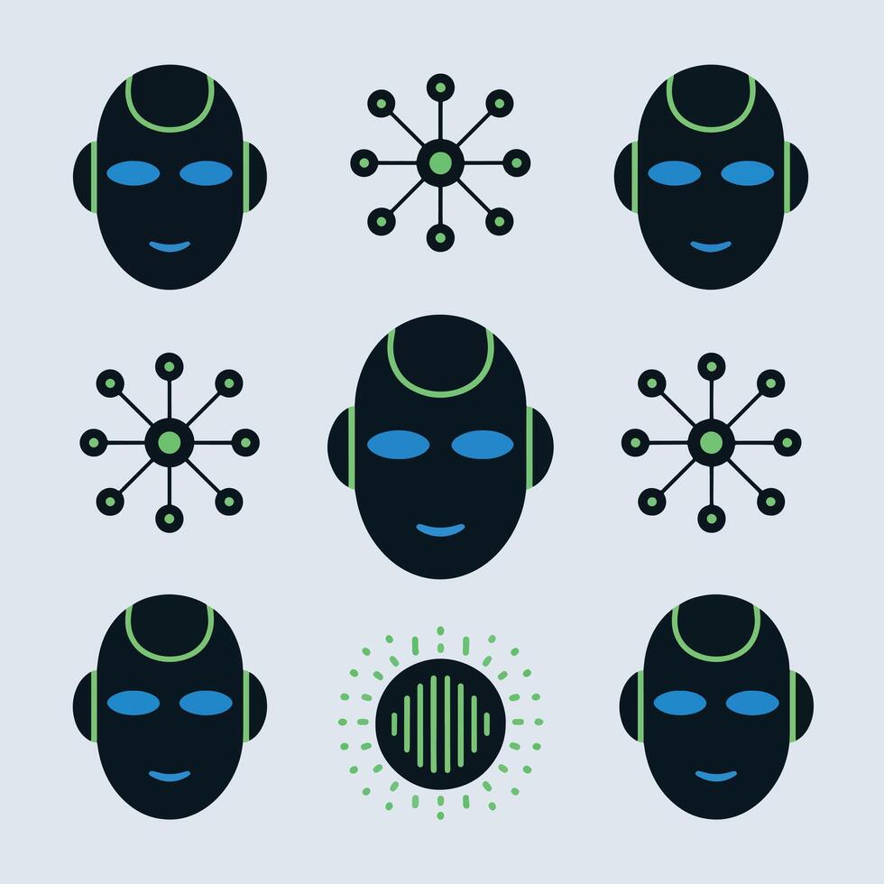 Futuristic robot heads and network icons illustration artificial intelligence concept design vector