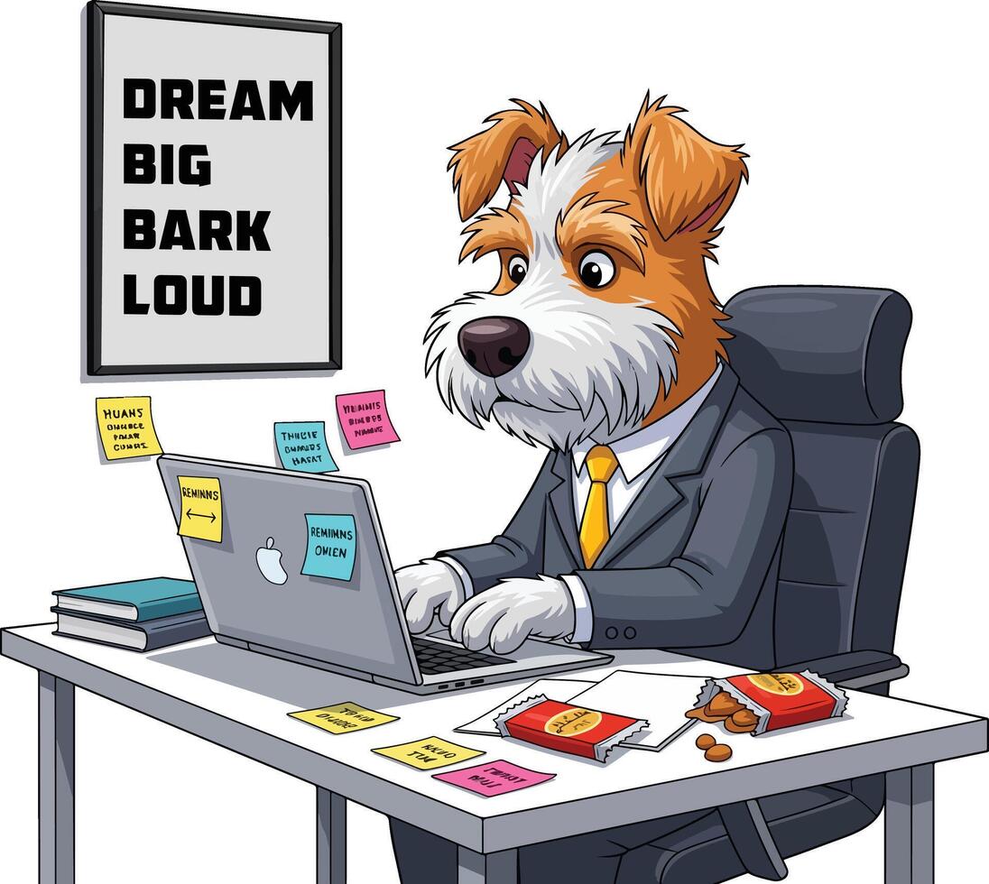 Cartoon dog businessman working at desk with inspirational poster and snacks illustration vector